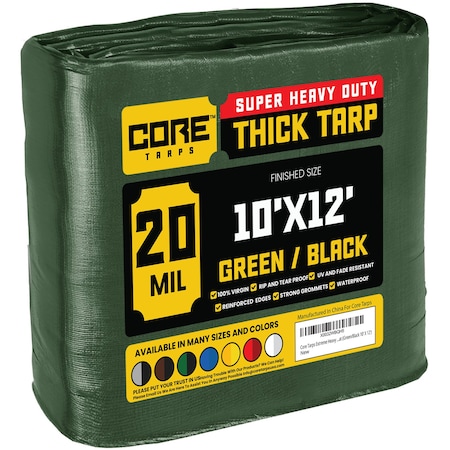 Core Tarps Heavy Duty Tarp, 12 ft L x 0.5 mm H x 10 ft W, 20 Mil, Green/Black, Polyethylene CT-703-10X12